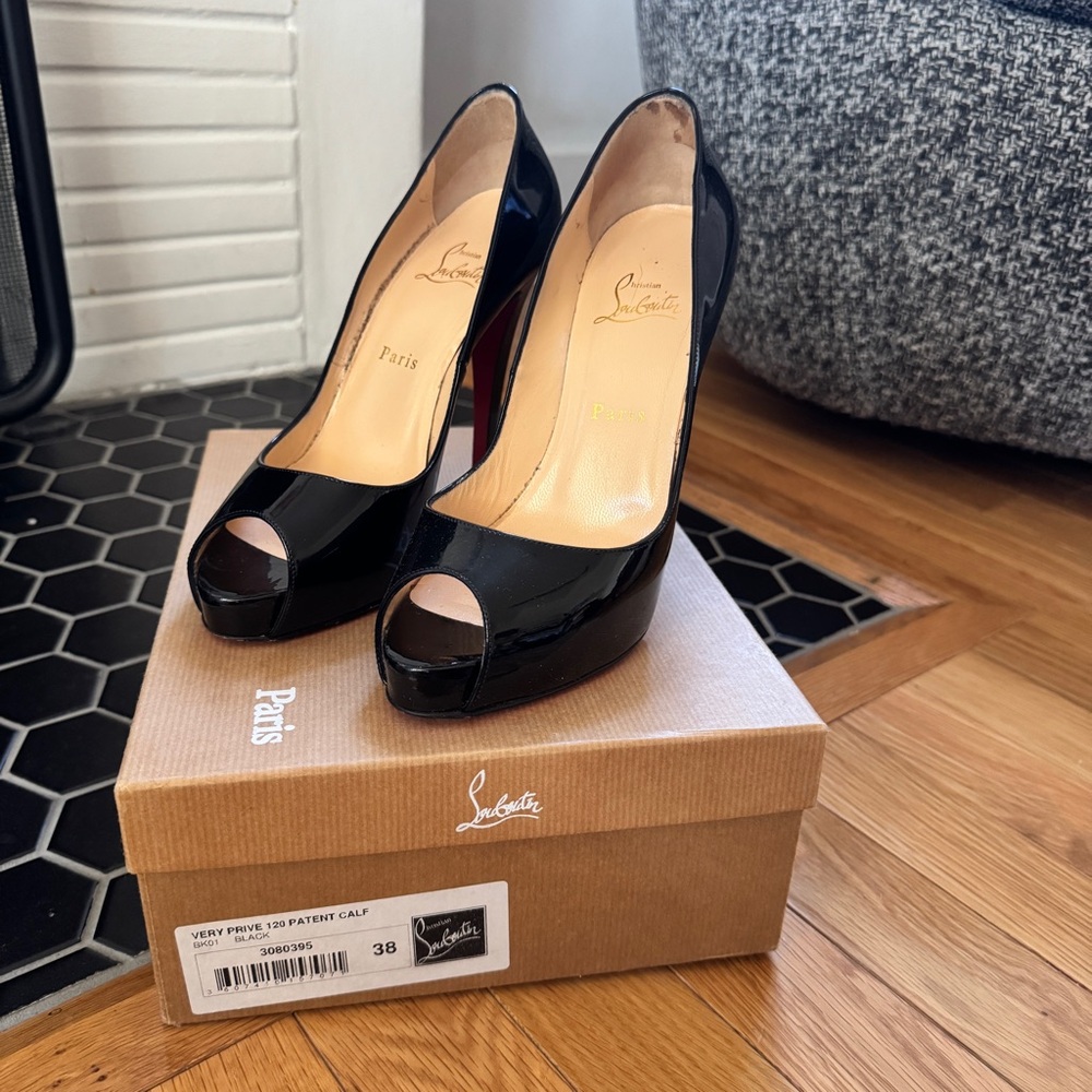 Christian Louboutin Black Patent Peep-Toe Platform Pumps with Red Sole